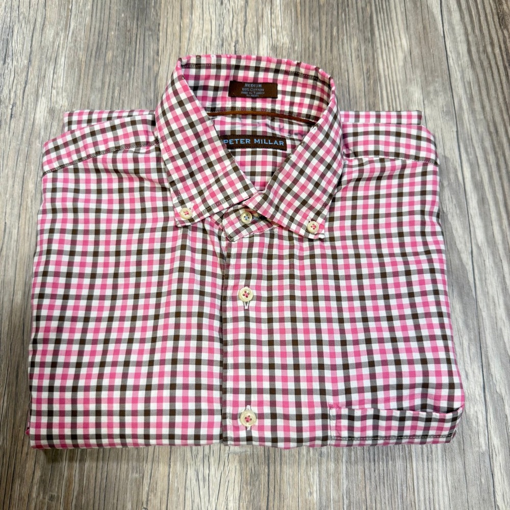 Peter Millar Preppy Pink Brown Gingham Check Cotton Button Down Shirt Mens M